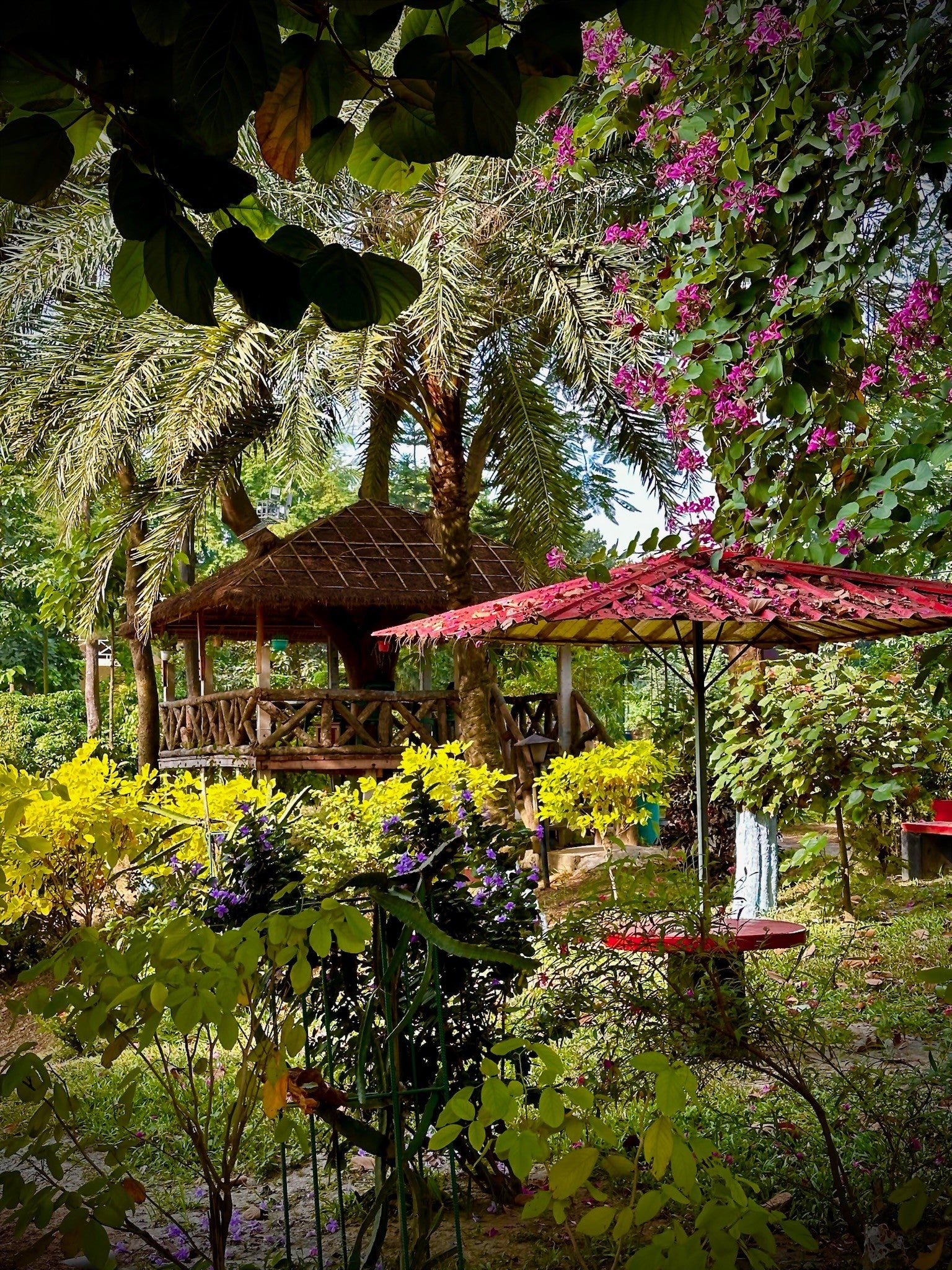 Quaint gazebo surrounded by vibrant flowers at Barnochata, a picturesque resort and Dhaka hotel located in Savar, offering a peaceful getaway.